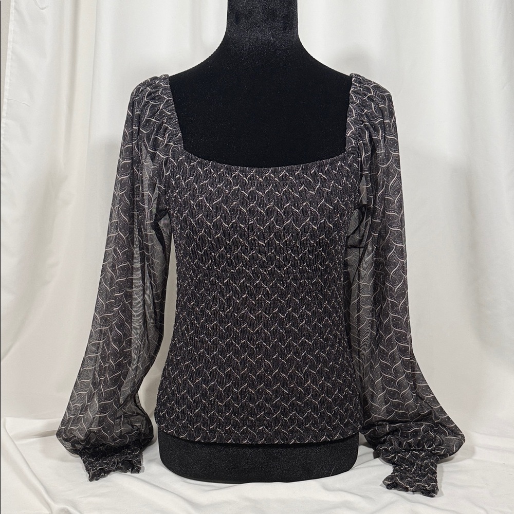 Anthropologie Black Patterned Blouse with Sheer Sleeves